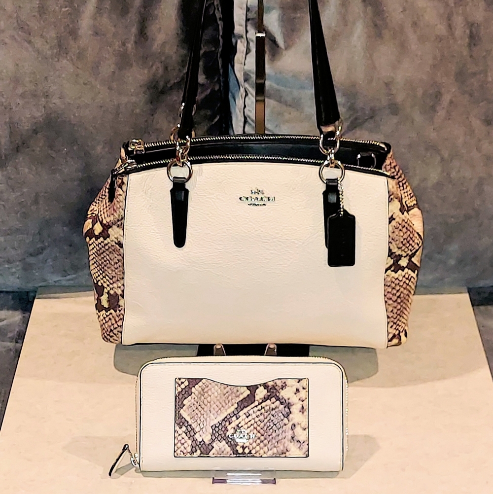 Coach White and Brown Snakeskin-Print Leather Satchel with Matching Wallet